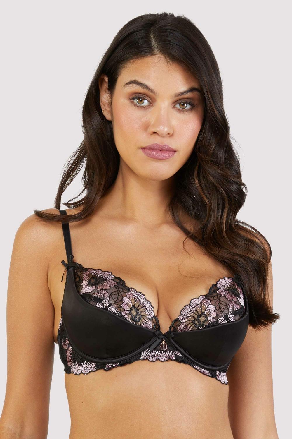 Alicia Black And Pink Embroidered Plunge Bra Lingerie