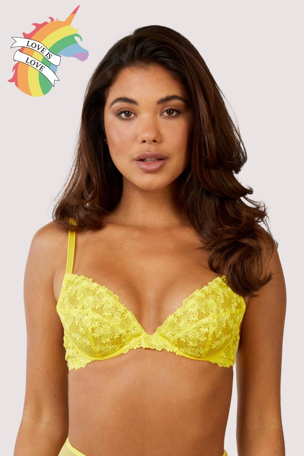 Audre Yellow Embroidery Plunge Bra Lingerie