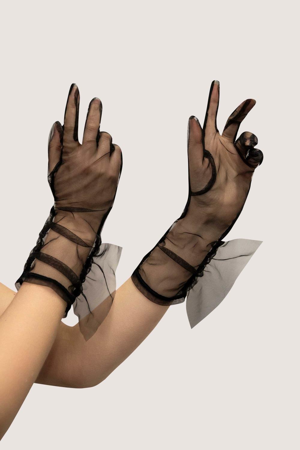 Black Gathered Mesh Gloves With Wrist Frill Accessories & Gloves