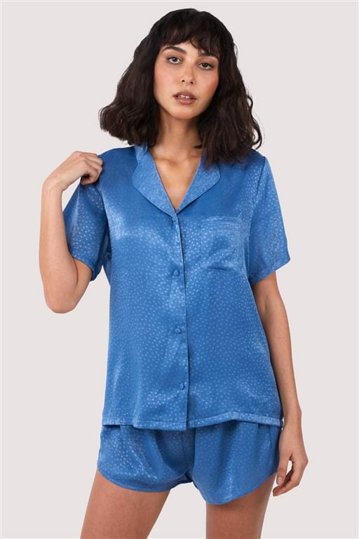 Blue Jacquard Pyjama Top & Shorts Set Nightwear