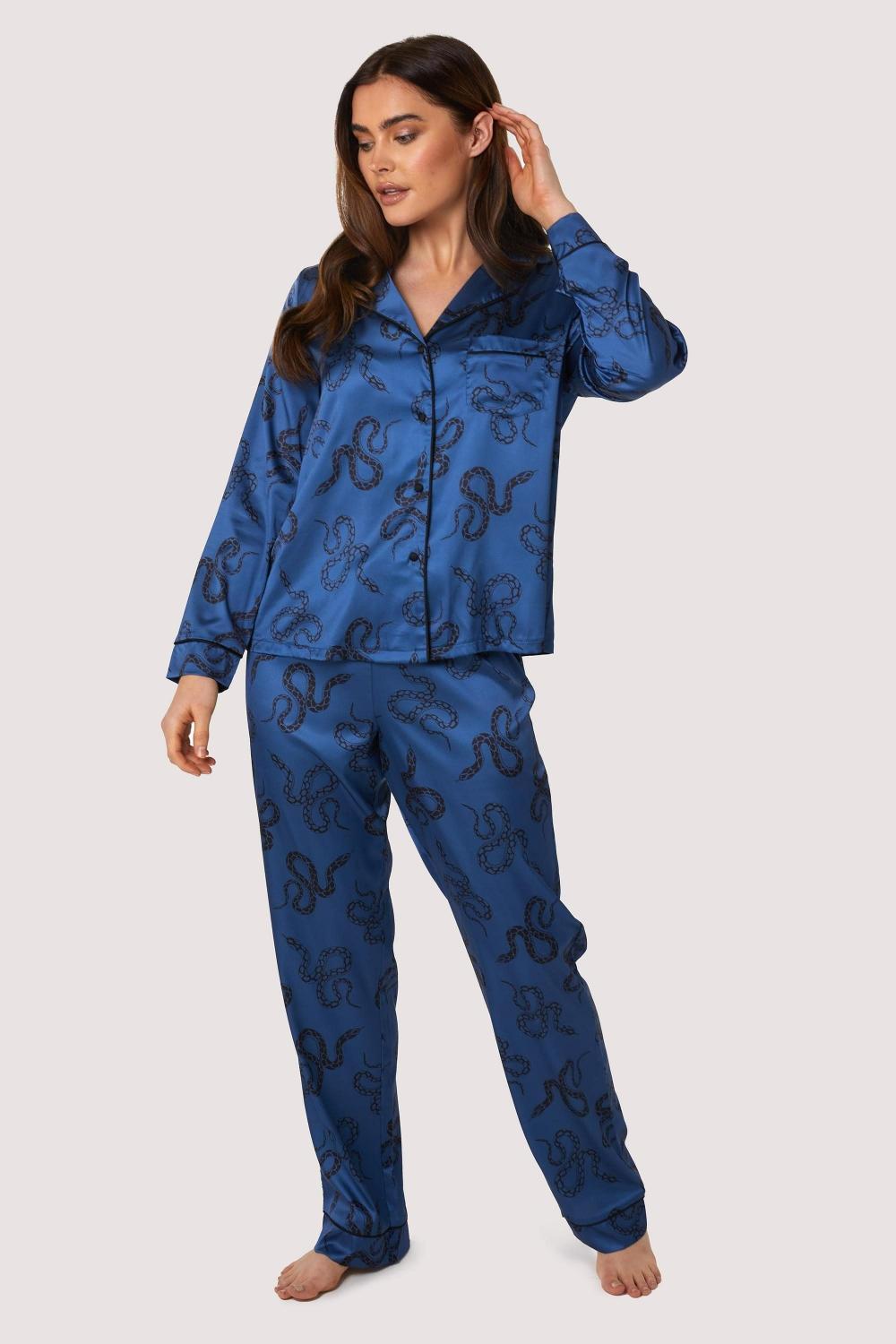 Blue Satin Snake Print Long Sleeve Pyjama Set Nightwear