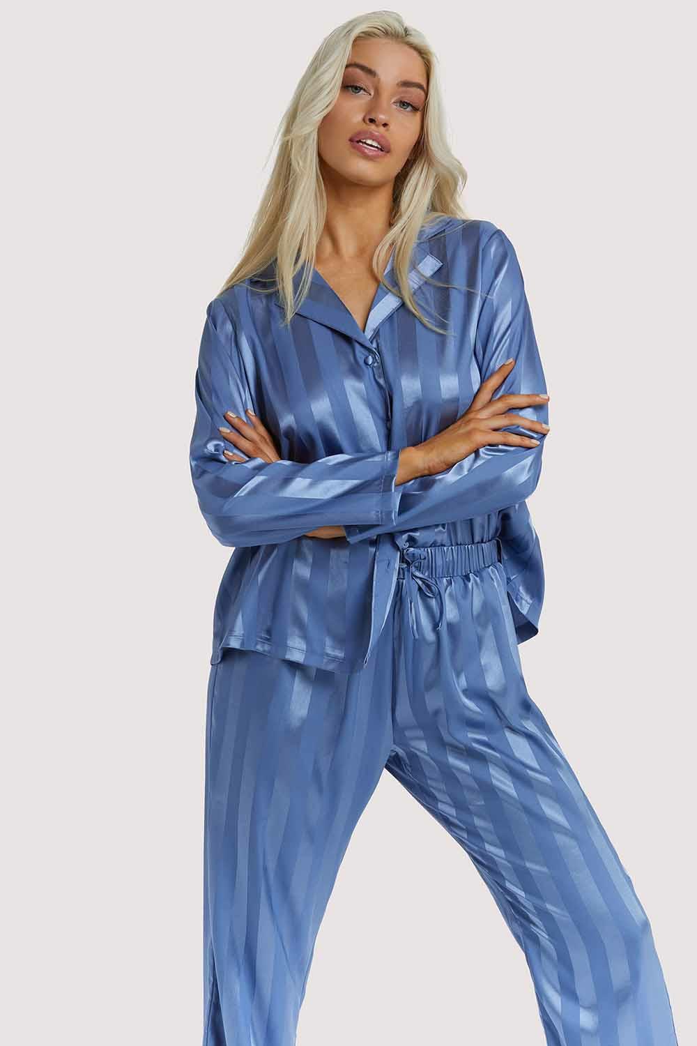 Blue Stripe Satin Pyjama Set Nightwear