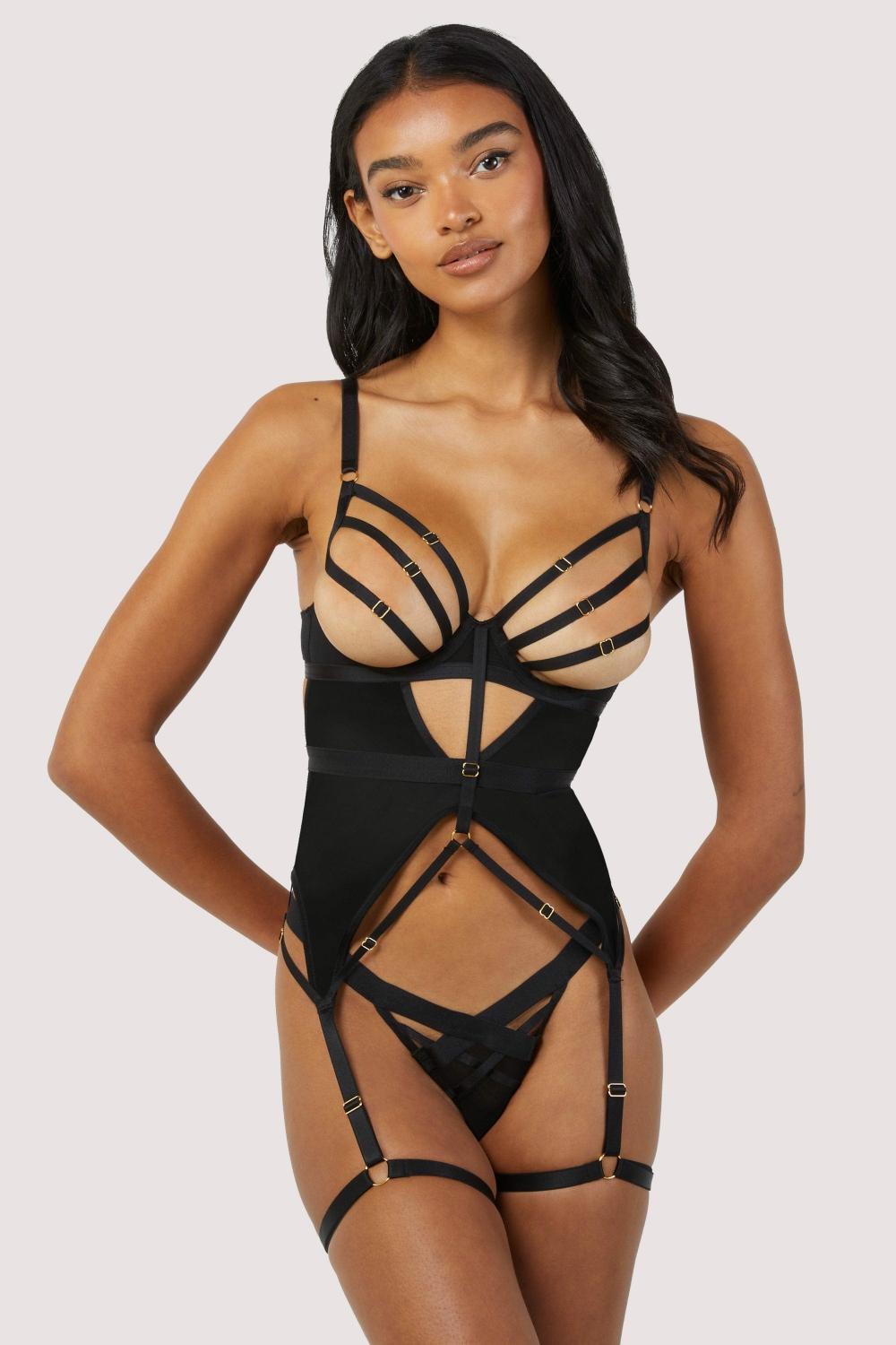 Chantal Black Wired Mesh Basque With Leg Harness Basques & Corsets