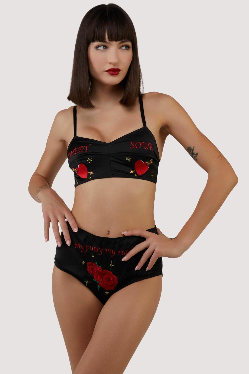 Clara Black Retro Embroidery Retro High Waist Brief Bettie Page