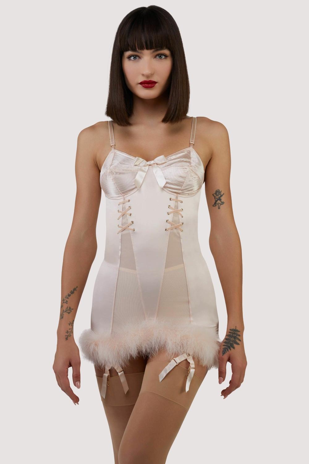 Elsie Peach Spiral Cup Feather Hem Corselette Slip Bettie Page