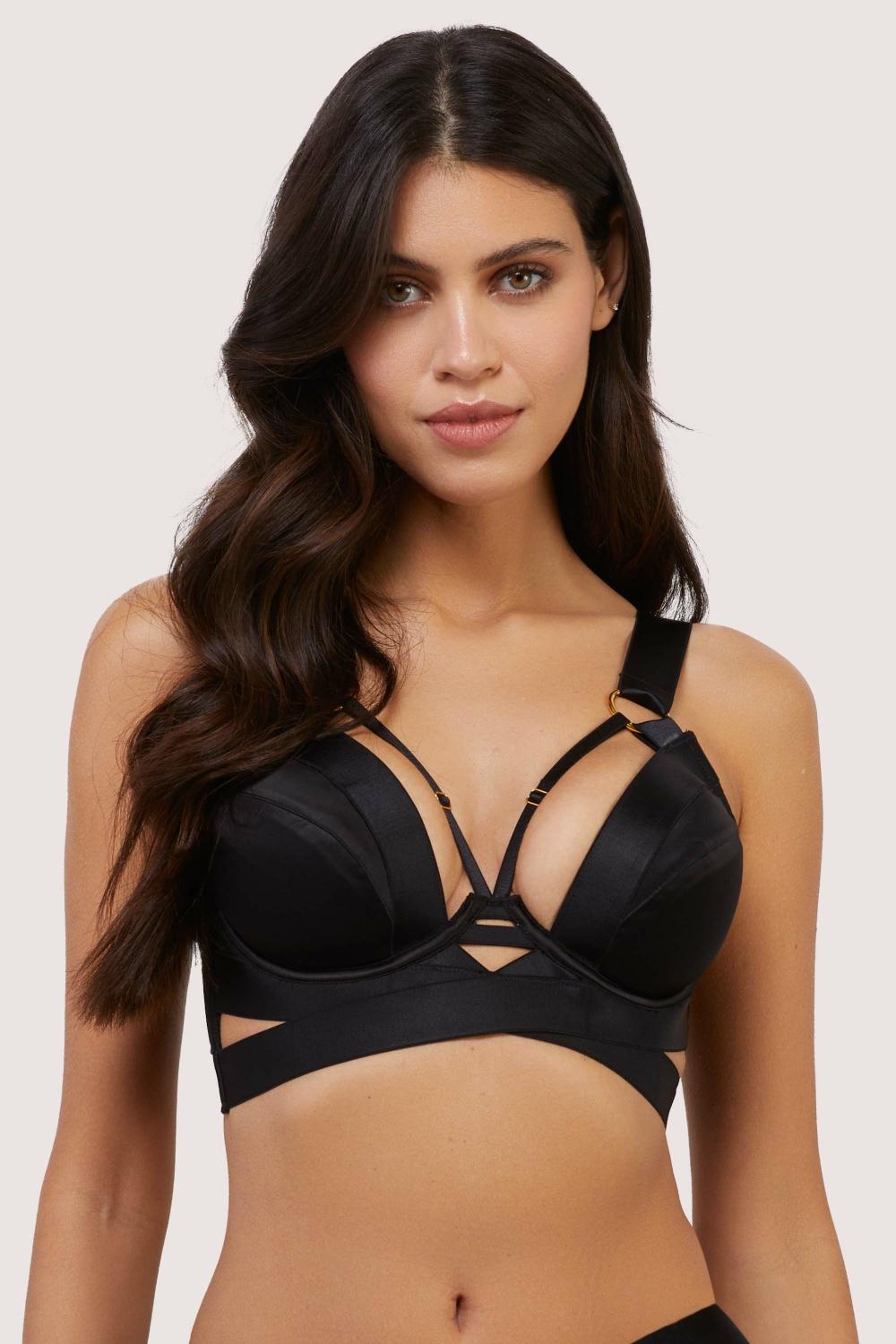 Etta Black Satin Longline Padded Plunge Bra Bondage Bras