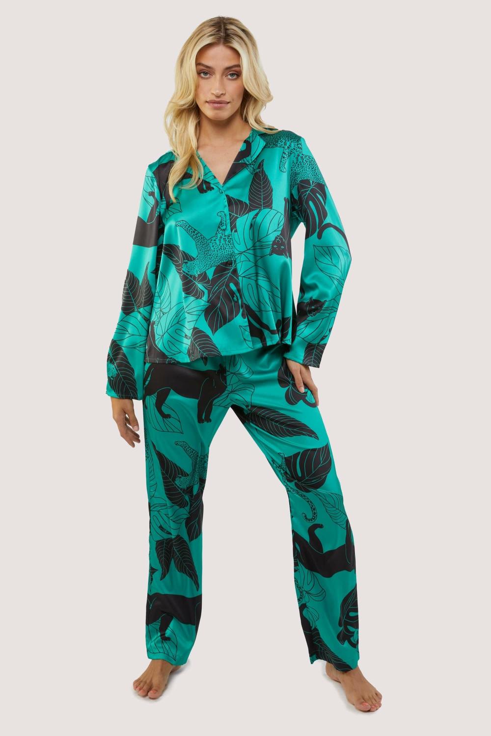 Green Panther Print Satin Pyjama Set Nightwear