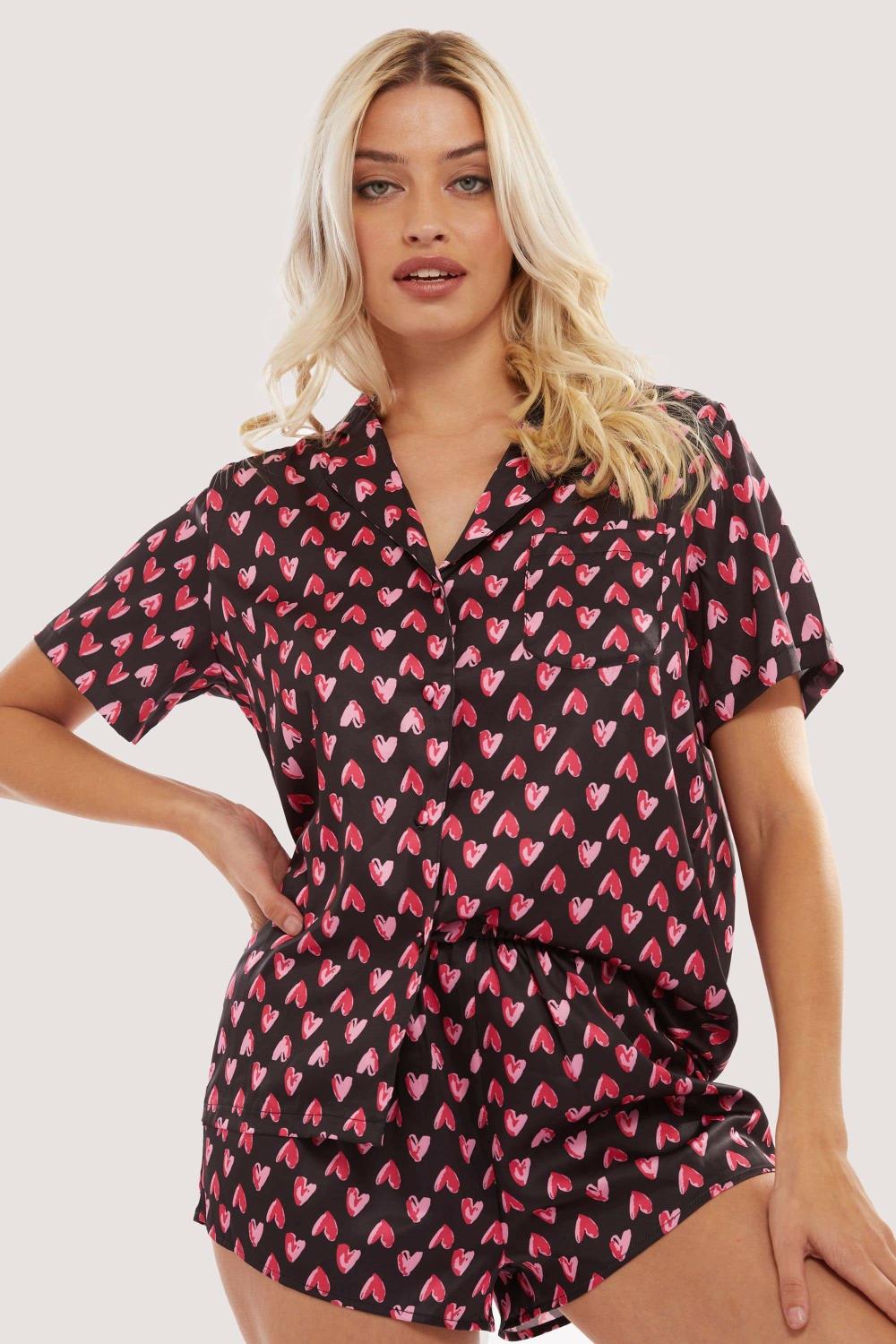 Heart Print Satin Pyjama Set Nightwear