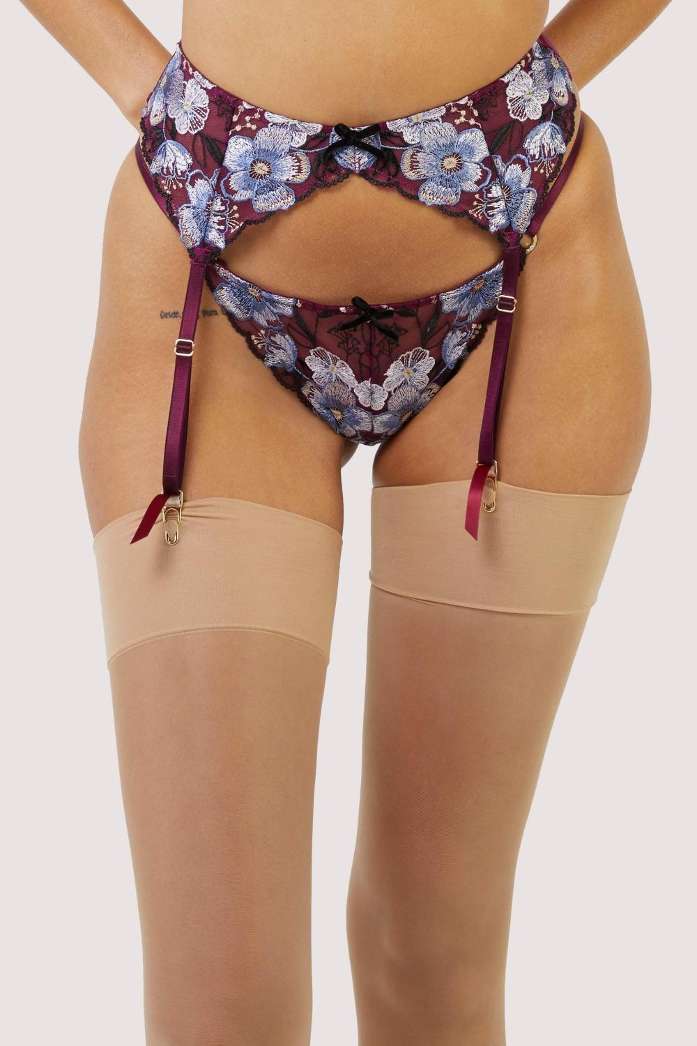 Joanna Burgundy Gold Embroidery Suspender Belt Lingerie