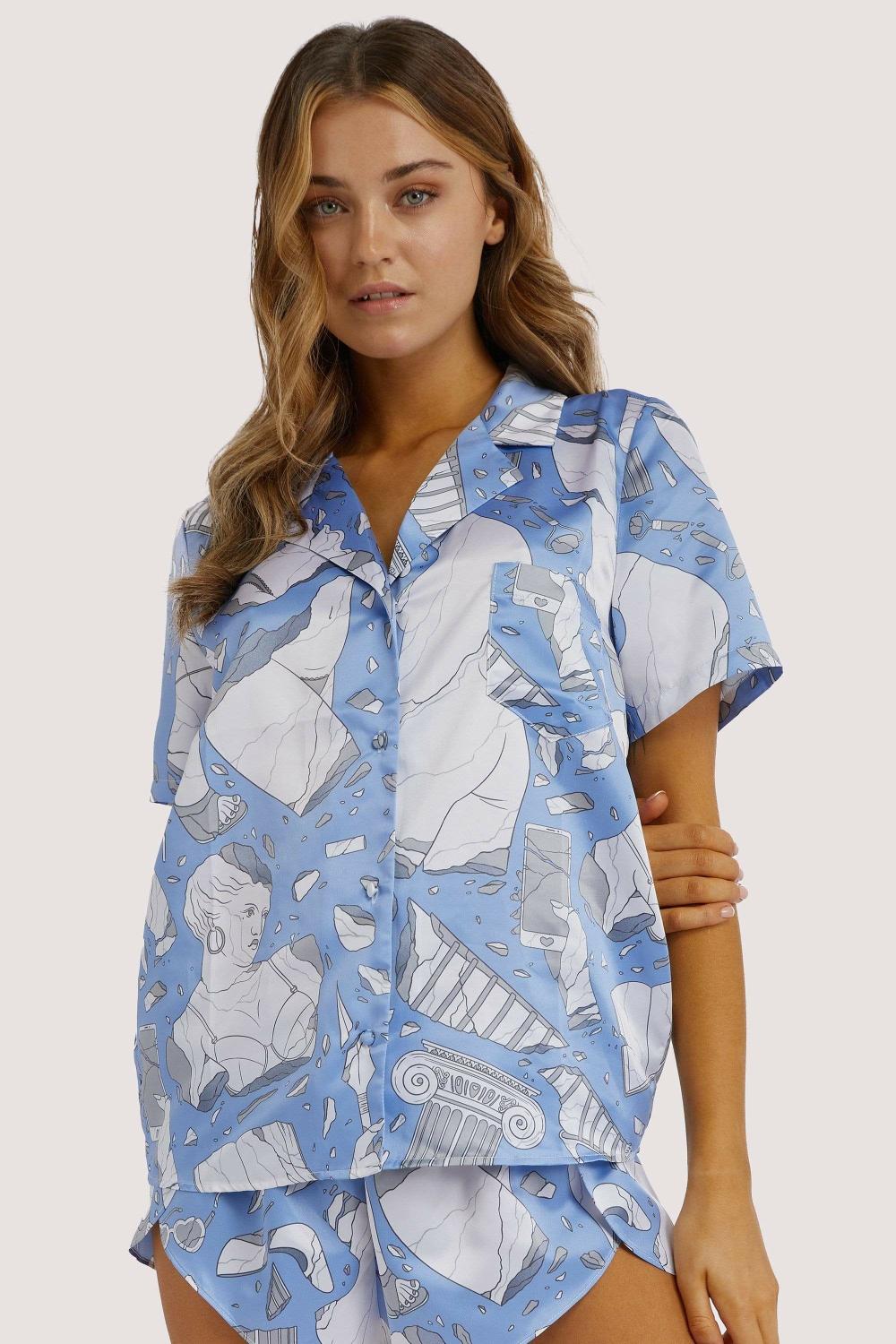 Logan Spector Recycled Blue Statue Satin Shirt Artist In Pyjamas