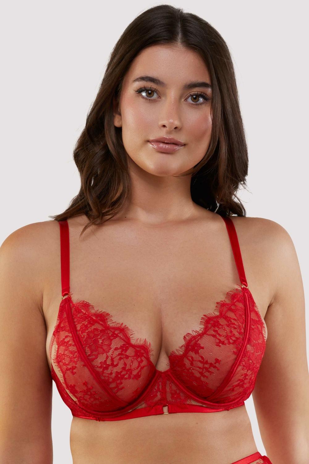 Natalia Red Eyelash Lace Plunge Bra Bras