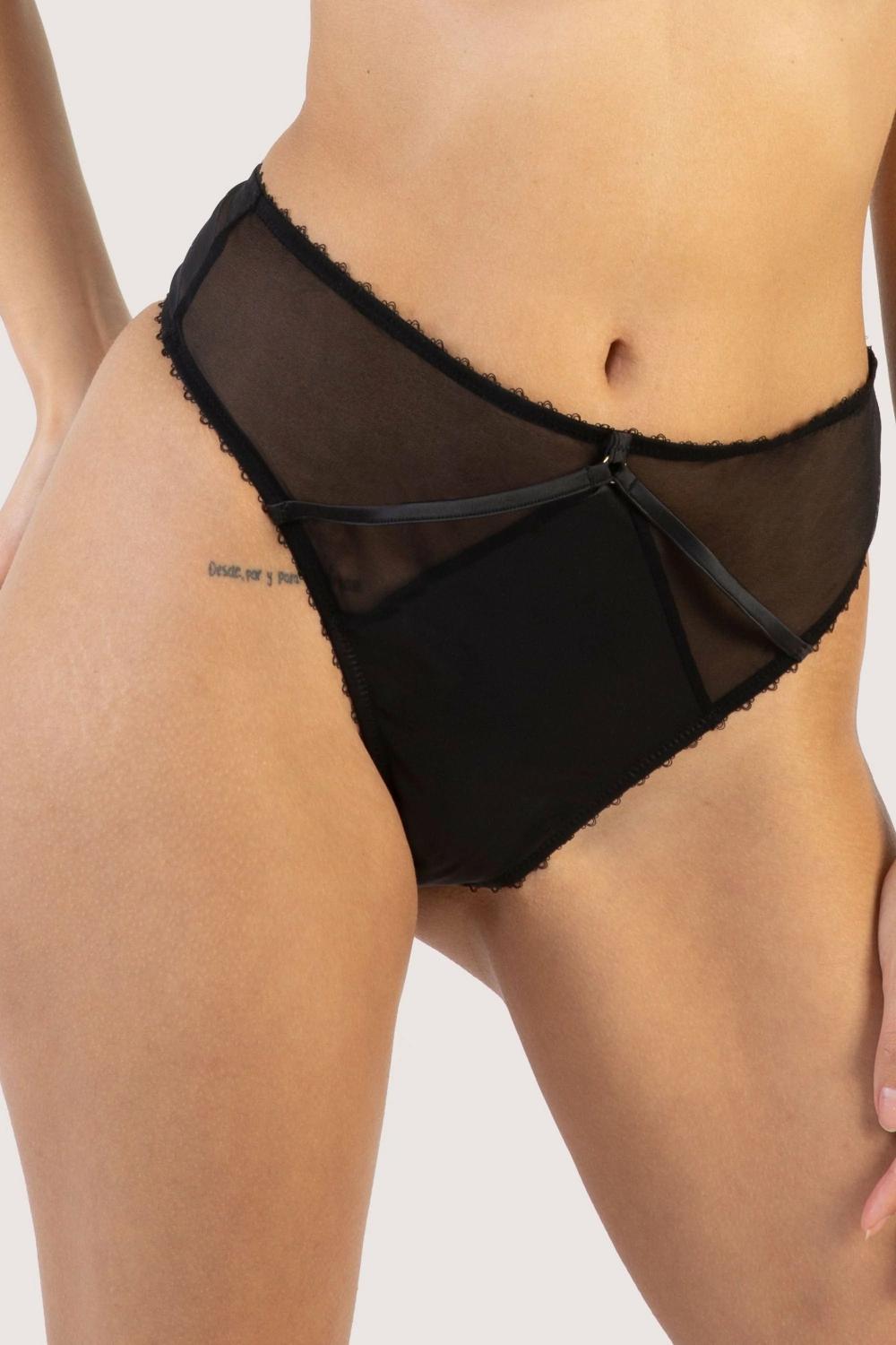 Noelle Black Satin Strappy High Waist Thong Knickers