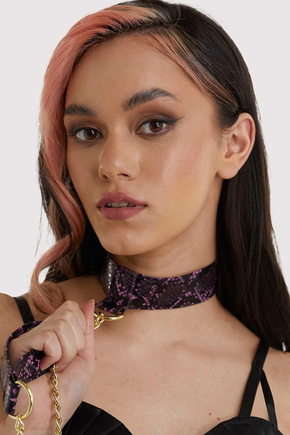 Purple Snake Pu Collar With Lead Accessories & Gloves