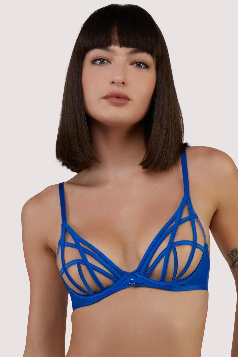 Ramona Cobalt Blue Strap Illusion Sheer Plunge Bra Lingerie