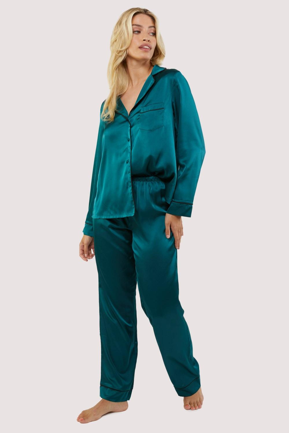 Teal And Black Satin Piping Pyjama Set Nightwear